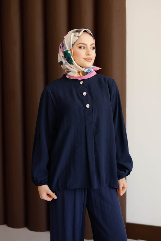 Önü Düğme Detaylı Pantolonlu Takım - Lacivert