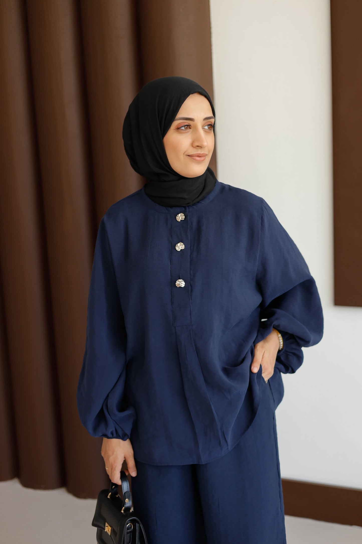 Önü Düğme Detaylı Pantolonlu Takım - Lacivert