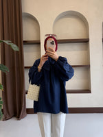 Yakası Bağlamalı Balon Kol Tesettür Gömlek - Lacivert