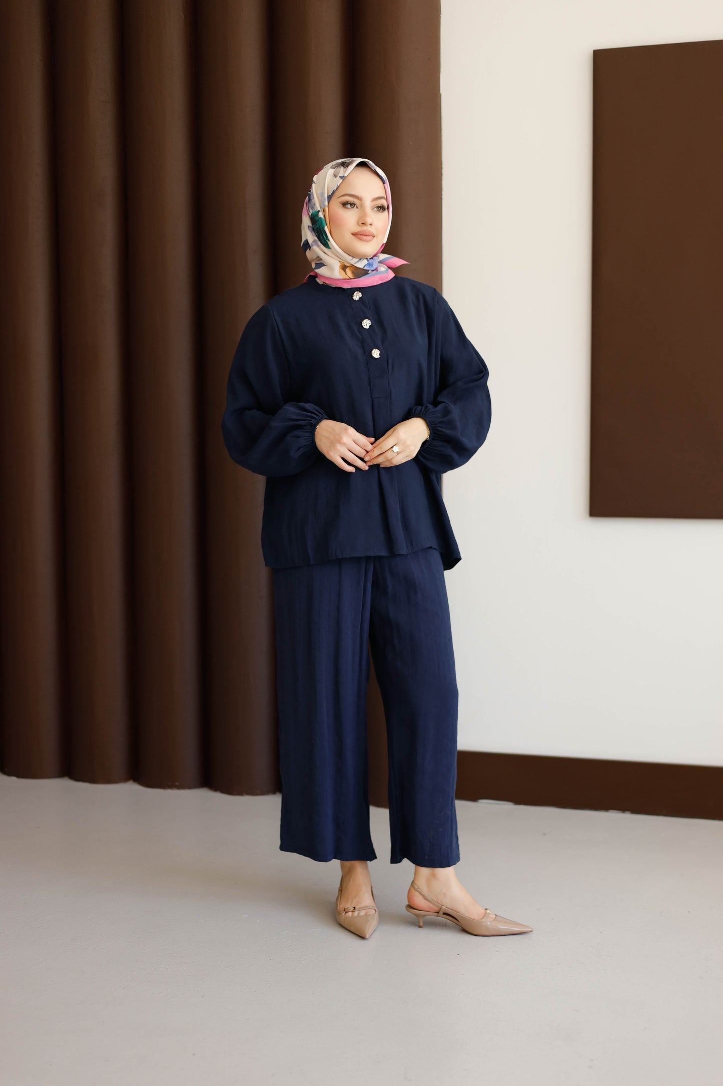 Önü Düğme Detaylı Pantolonlu Takım - Lacivert