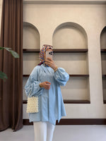 Yakası Bağlamalı Balon Kol Tesettür Gömlek - Mavi