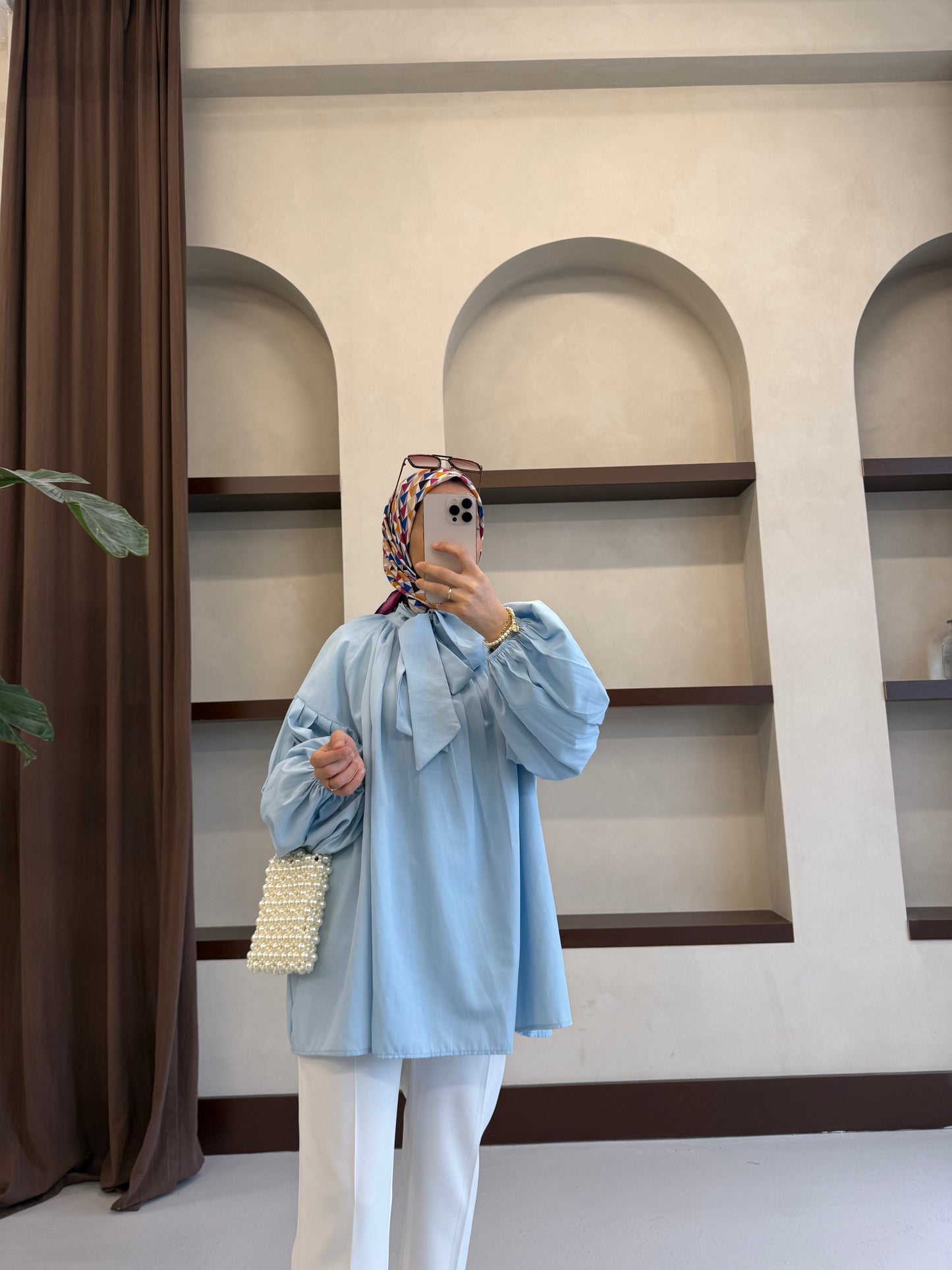 Yakası Bağlamalı Balon Kol Tesettür Gömlek - Mavi