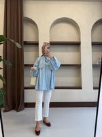 Yakası Bağlamalı Balon Kol Tesettür Gömlek - Mavi