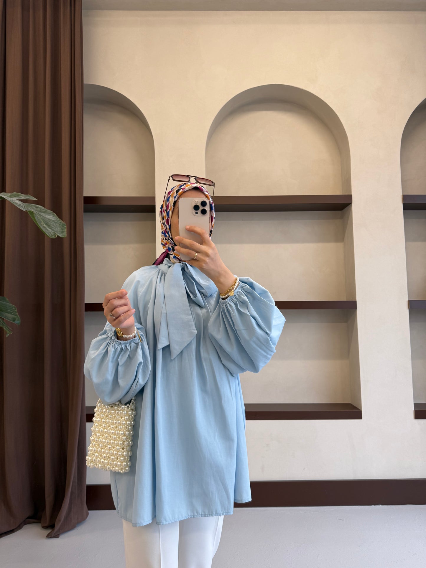 Yakası Bağlamalı Balon Kol Tesettür Gömlek - Mavi