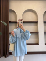 Yakası Bağlamalı Balon Kol Tesettür Gömlek - Mavi