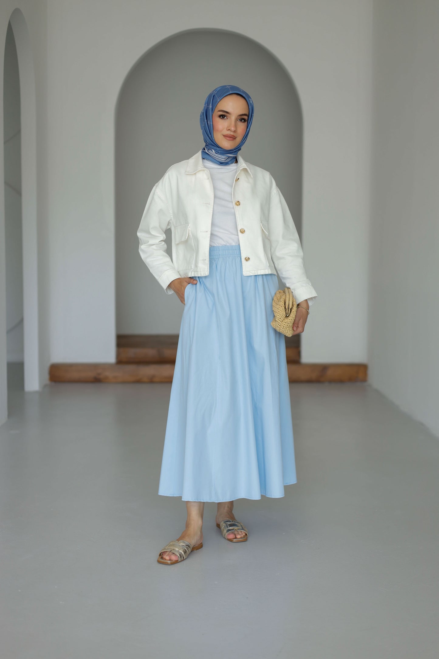 Beli Lastikli Çift Cepli Etek - Mavi