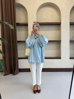 Yakası Bağlamalı Balon Kol Tesettür Gömlek - Mavi