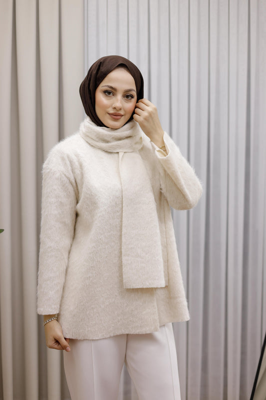 Atkı Detaylı Pelüş Ceket Premium - Bej