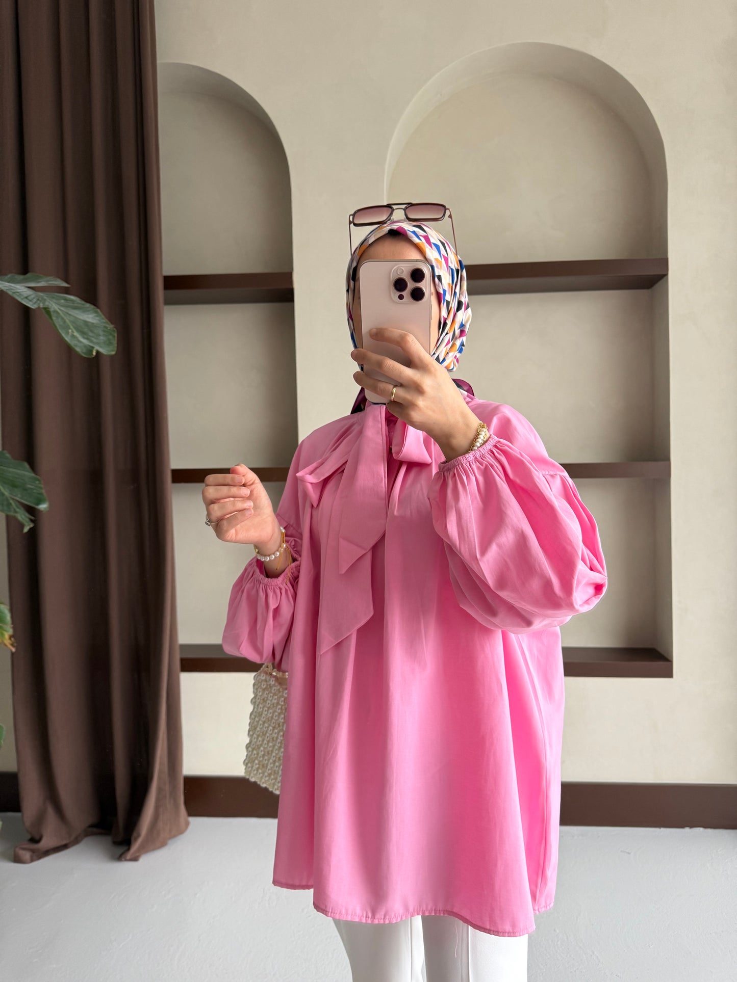 Yakası Bağlamalı Balon Kol Tesettür Gömlek - Pembe