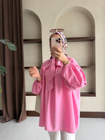 Yakası Bağlamalı Balon Kol Tesettür Gömlek - Pembe
