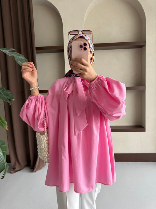 Yakası Bağlamalı Balon Kol Tesettür Gömlek - Pembe