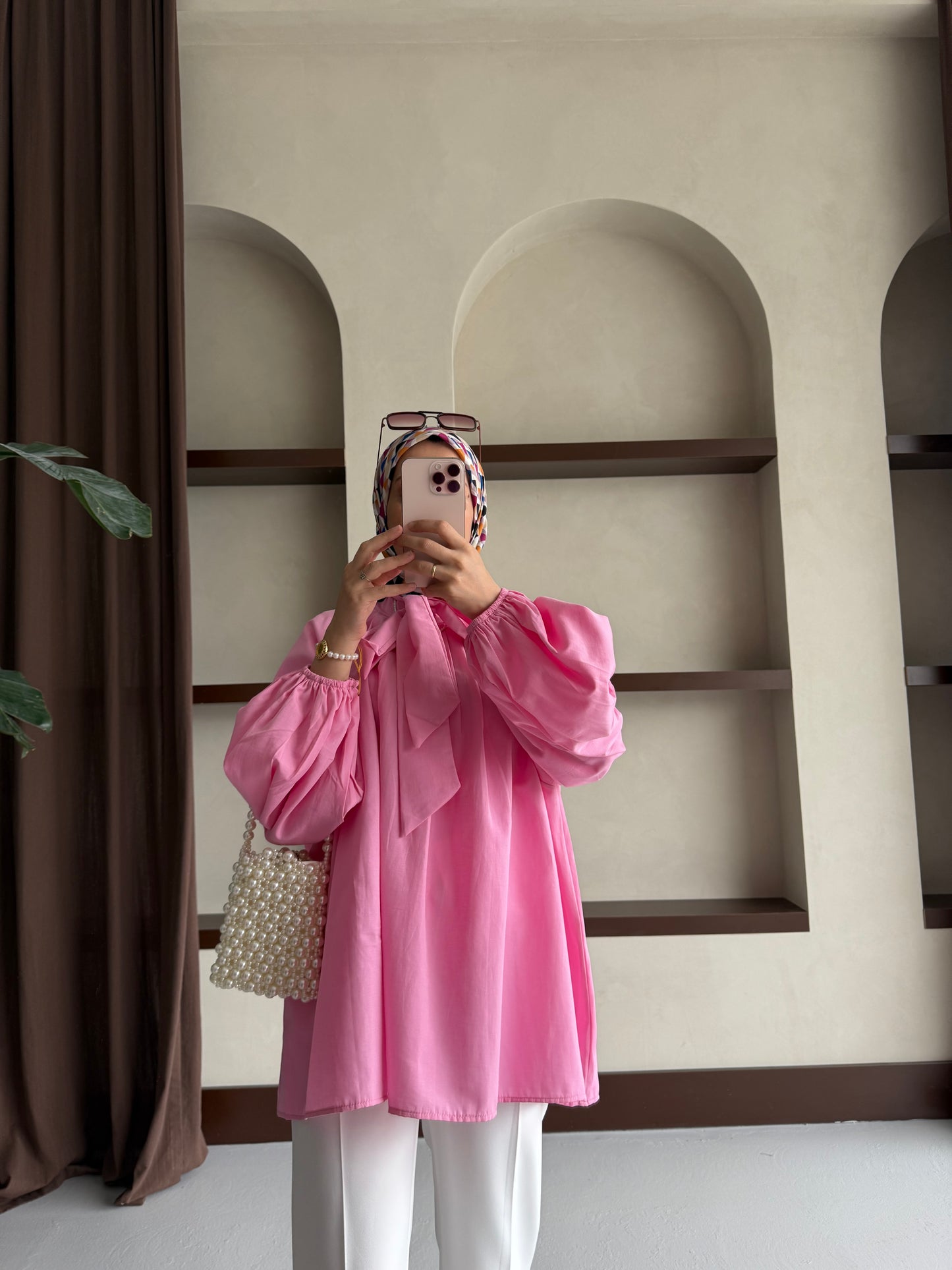 Yakası Bağlamalı Balon Kol Tesettür Gömlek - Pembe