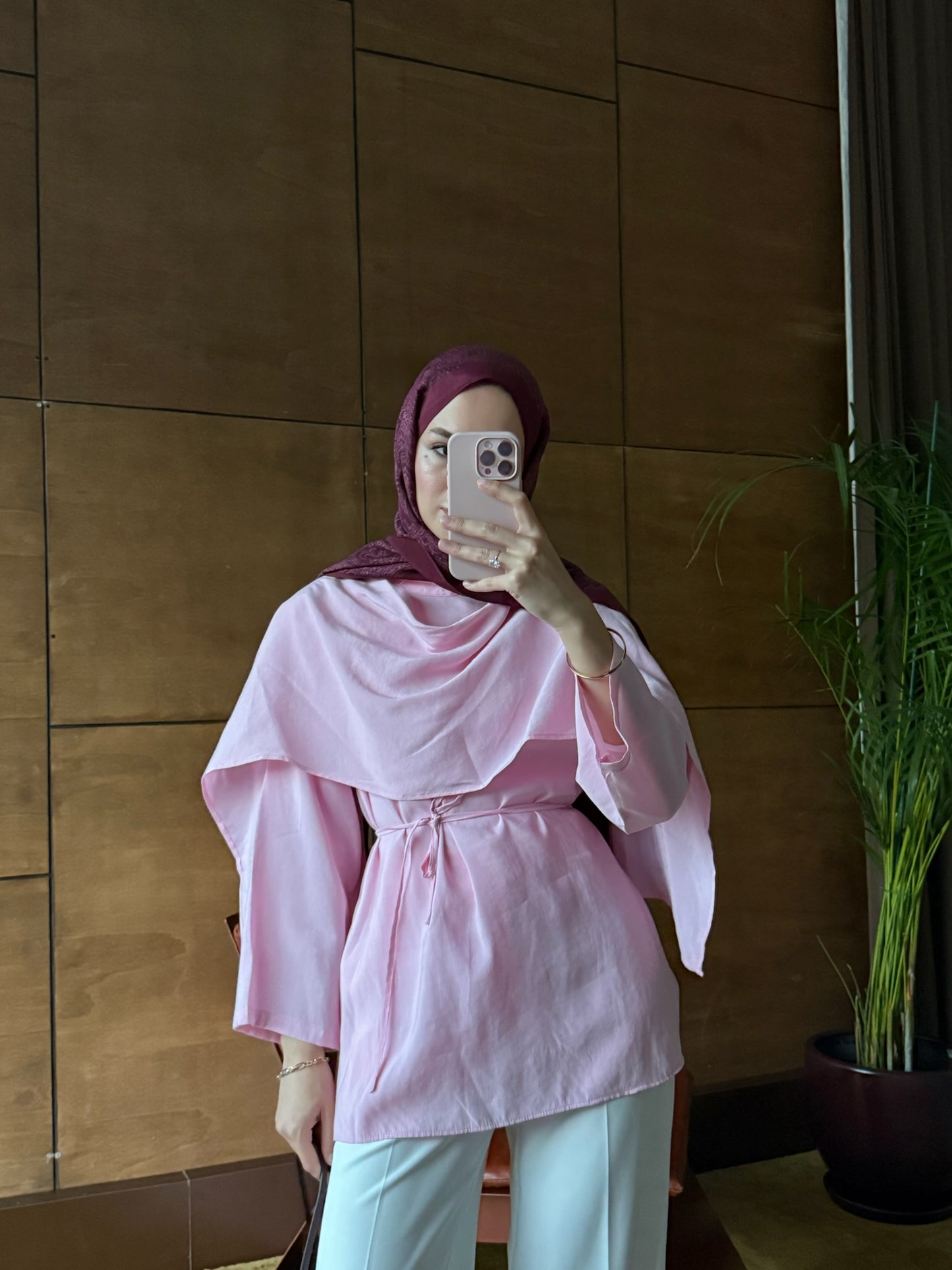 Kadın Pelerinli Bel Bağlamalı Tesettür Gömlek -Pembe