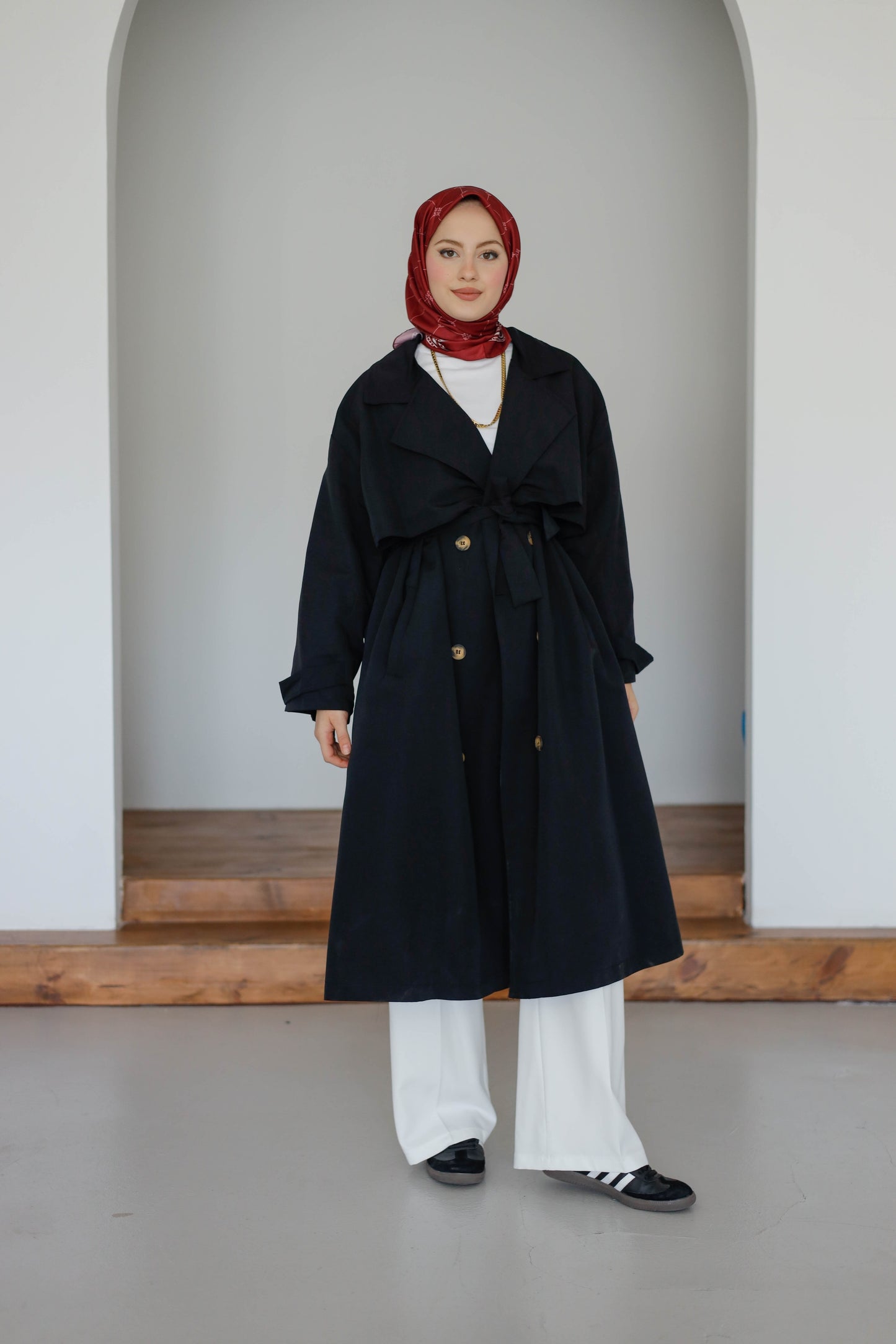 Önü Düğmeli Premium Oversize Trençkot - Siyah