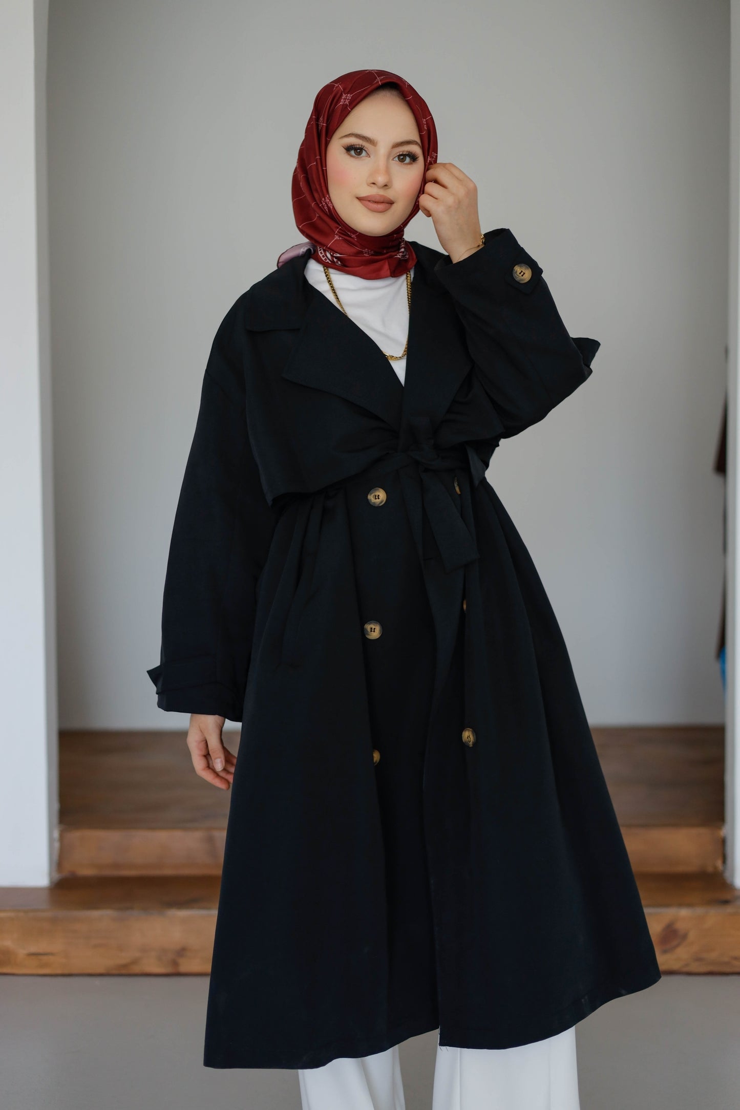 Önü Düğmeli Premium Oversize Trençkot - Siyah