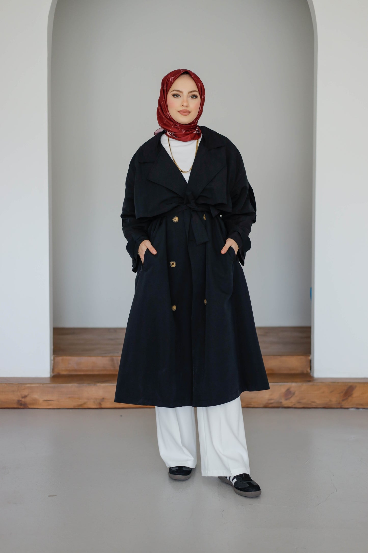 Önü Düğmeli Premium Oversize Trençkot - Siyah