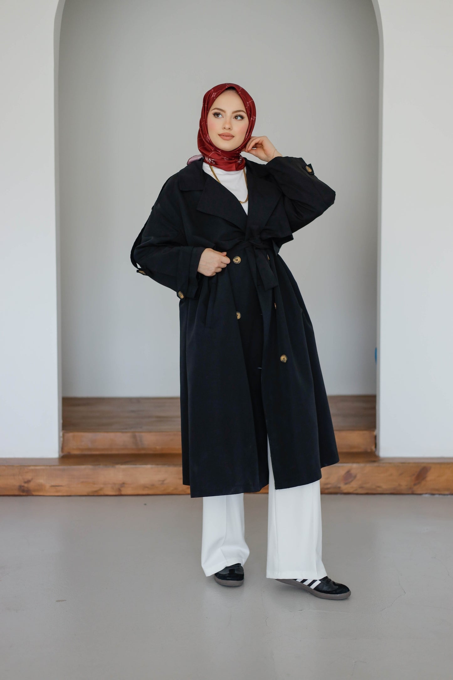 Önü Düğmeli Premium Oversize Trençkot - Siyah