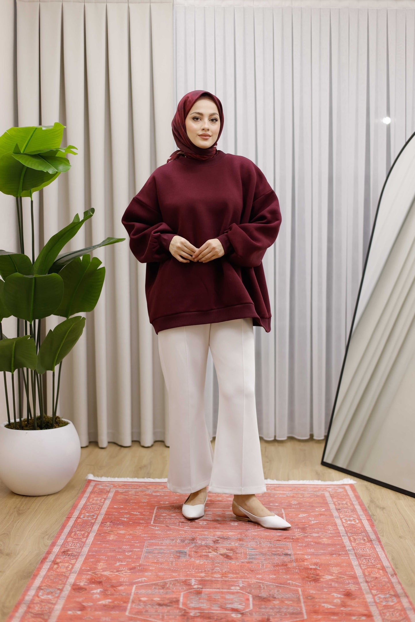 Oversize 3 İplik Şardonlu Sweat - Bordo