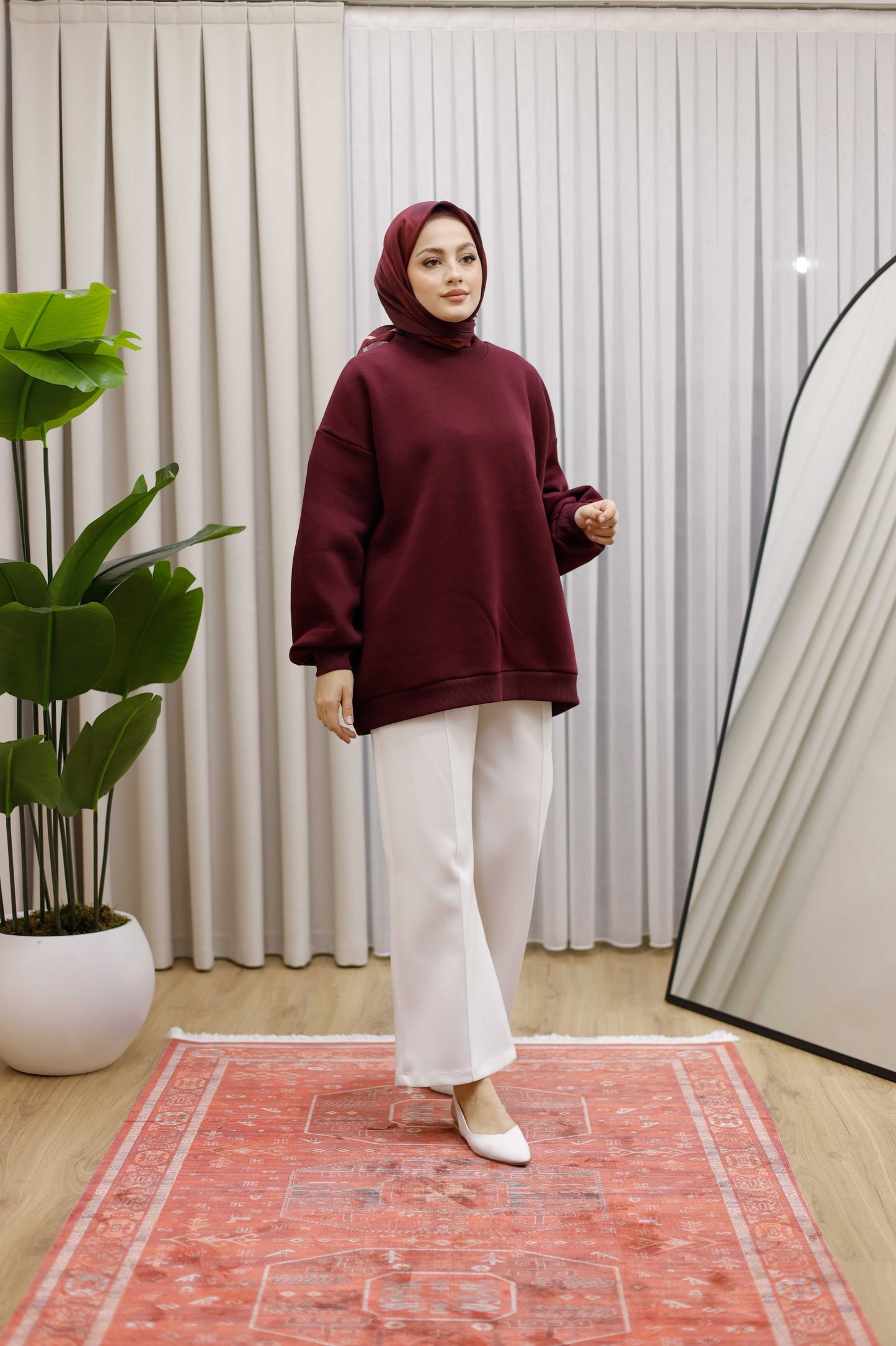 Oversize 3 İplik Şardonlu Sweat - Bordo