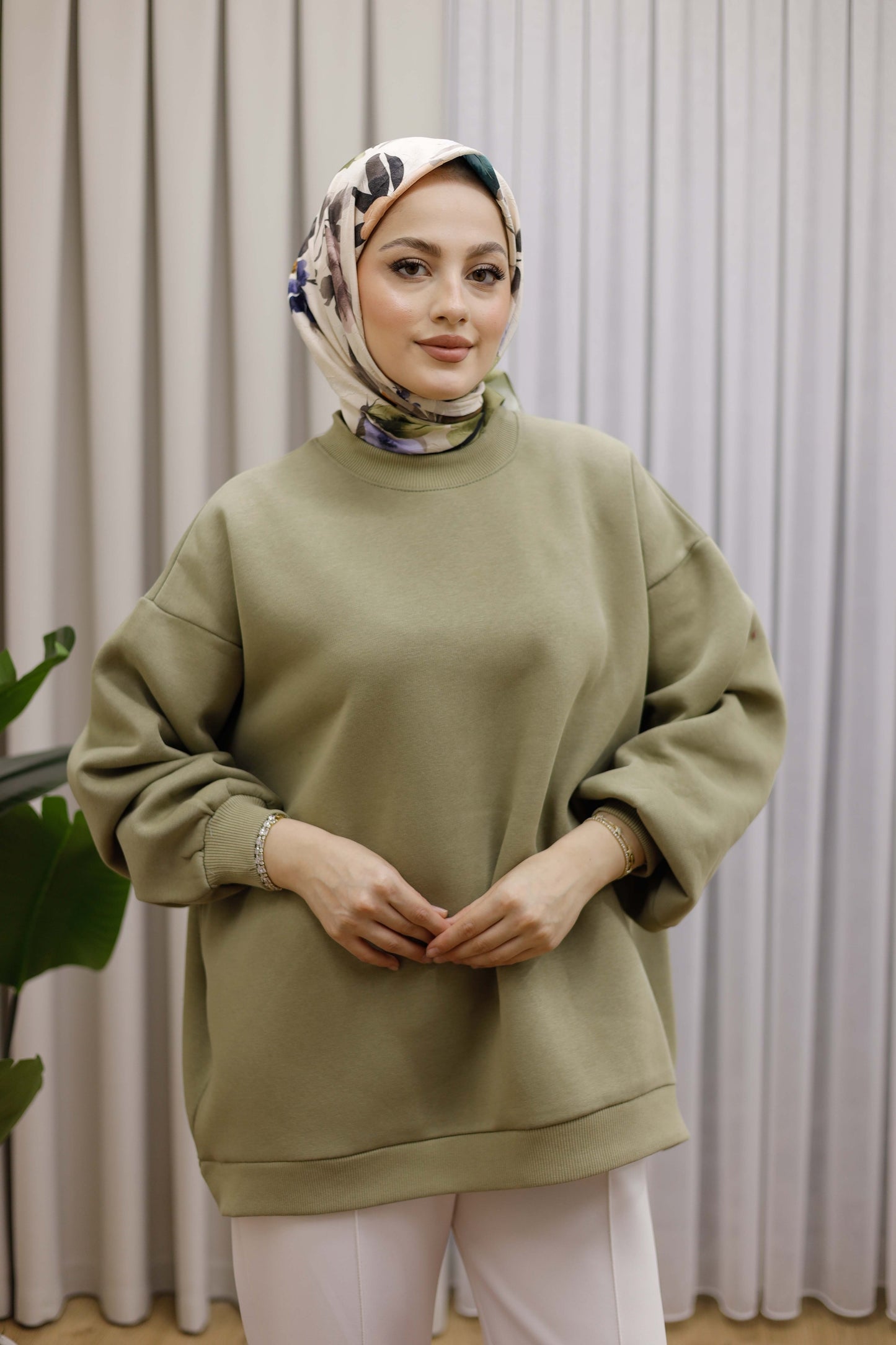 Oversize 3 İplik Şardonlu Sweat - Haki