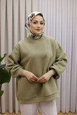 Oversize 3 İplik Şardonlu Sweat - Haki