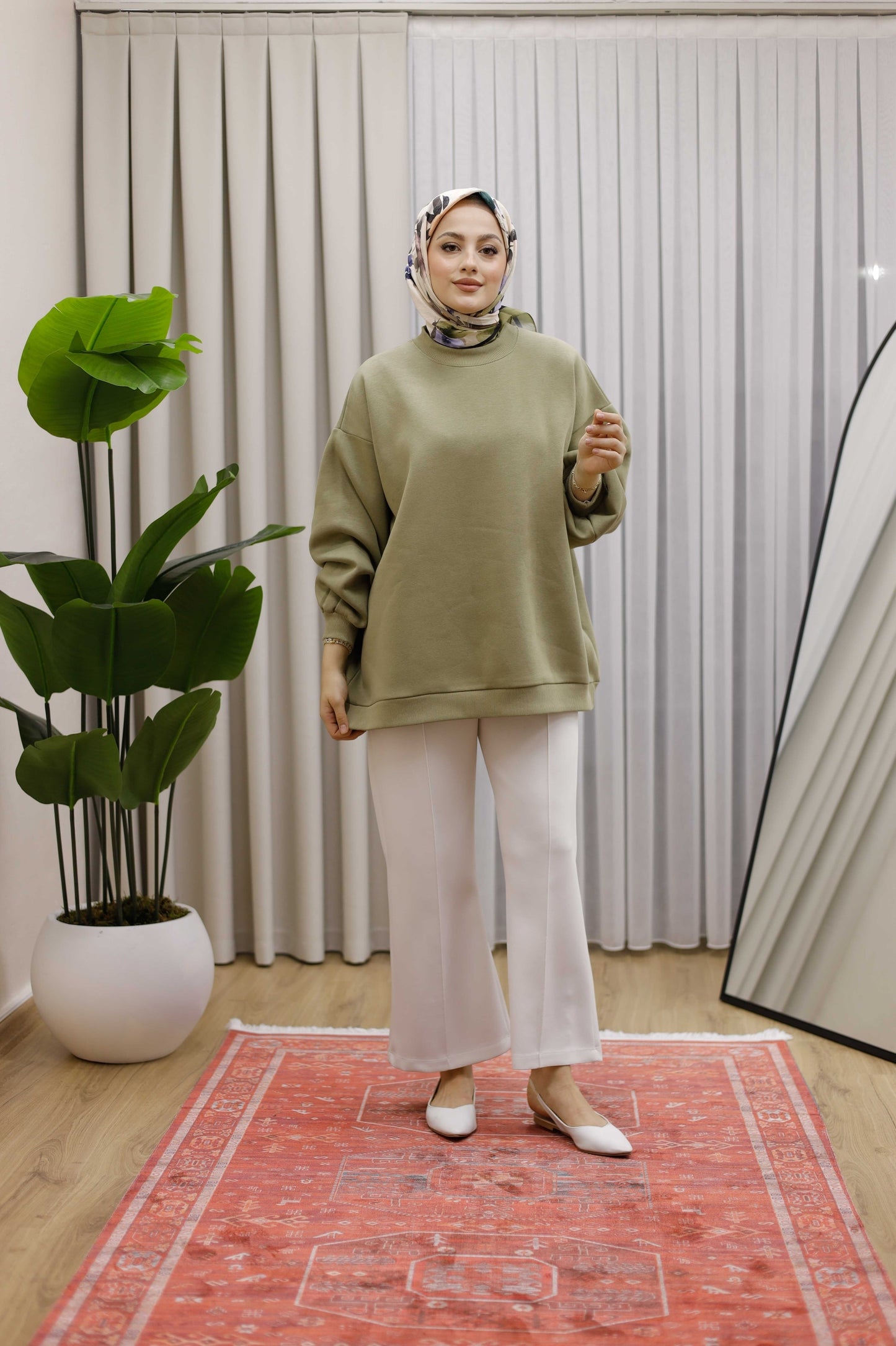 Oversize 3 İplik Şardonlu Sweat - Haki