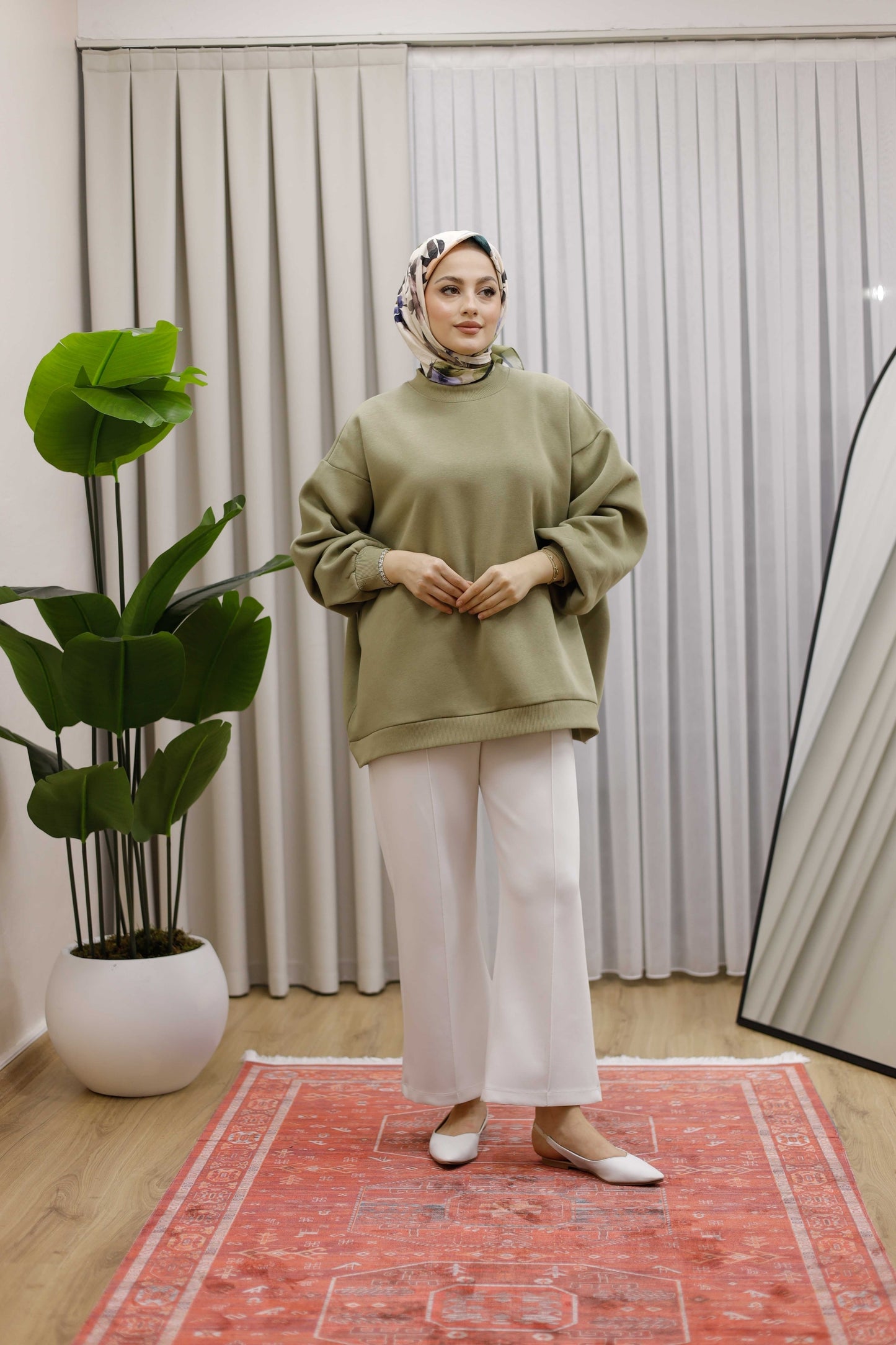 Oversize 3 İplik Şardonlu Sweat - Haki