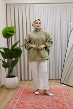 Oversize 3 İplik Şardonlu Sweat - Haki