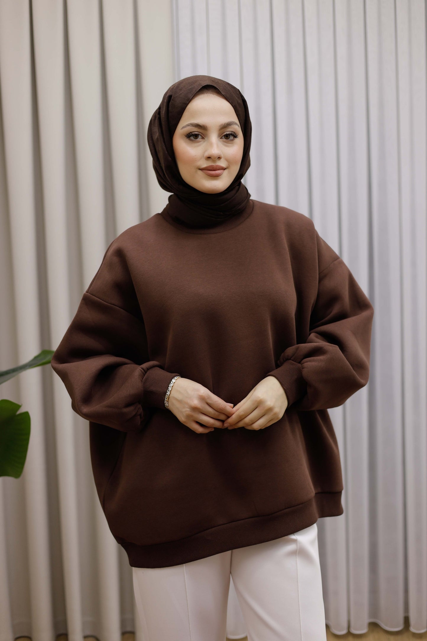 Oversize 3 İplik Şardonlu Sweat - Kahverengi