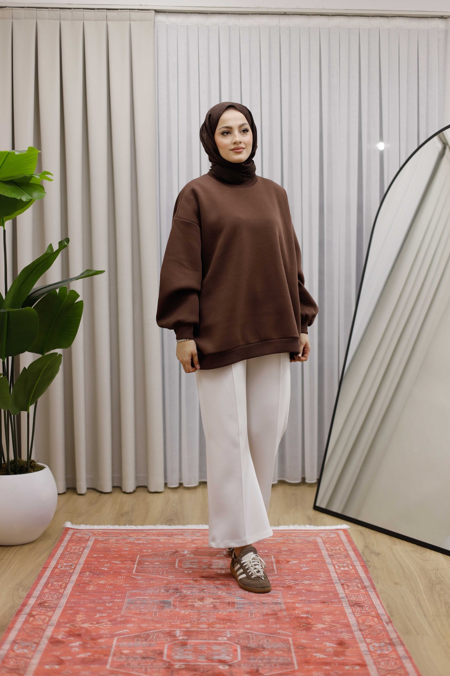 Oversize 3 İplik Şardonlu Sweat - Kahverengi