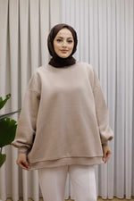 Oversize 3 İplik Şardonlu Sweat - Bej