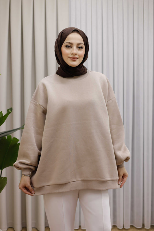 Oversize 3 İplik Şardonlu Sweat - Bej