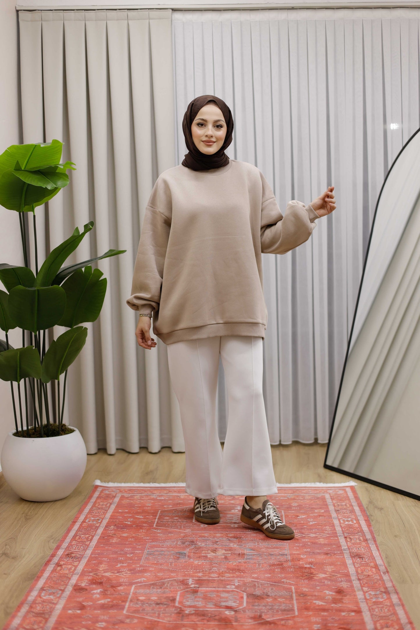 Oversize 3 İplik Şardonlu Sweat - Bej