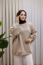 Oversize 3 İplik Şardonlu Sweat - Bej