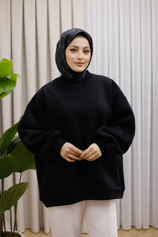 Oversize 3 İplik Şardonlu Sweat - Siyah