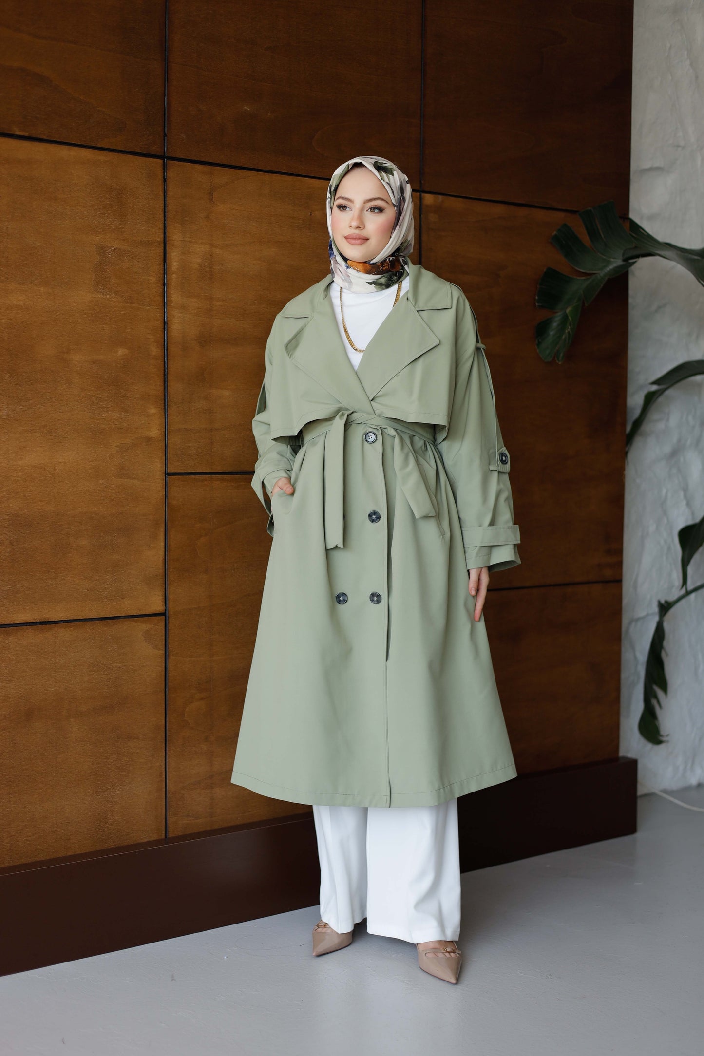 Önü Düğmeli Premium Oversize Trençkot - Çağla Yeşili