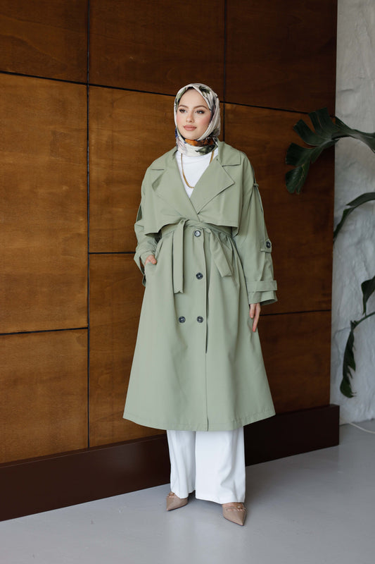 Önü Düğmeli Premium Oversize Trençkot - Çağla Yeşili