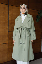 Önü Düğmeli Premium Oversize Trençkot - Çağla Yeşili