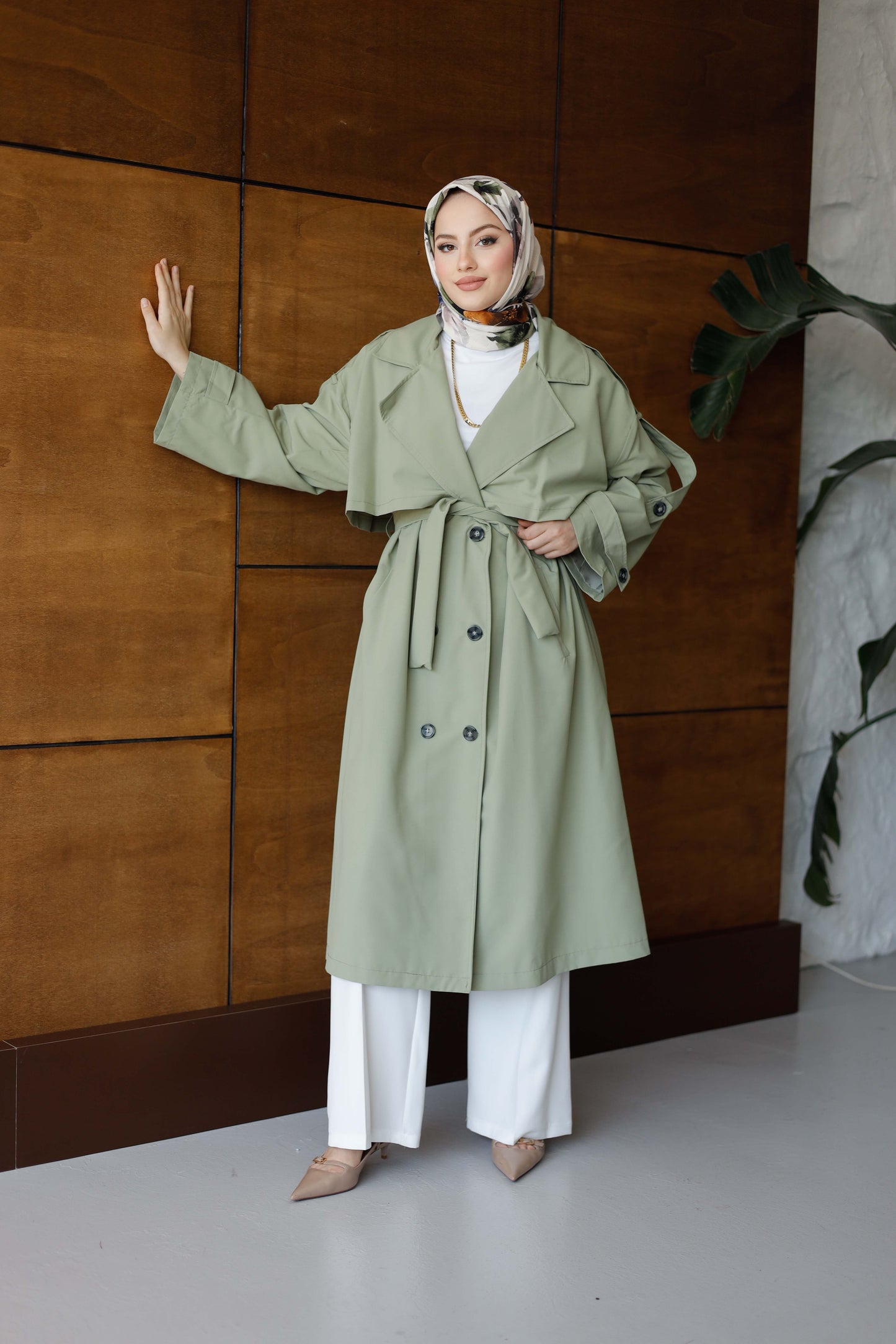 Önü Düğmeli Premium Oversize Trençkot - Çağla Yeşili