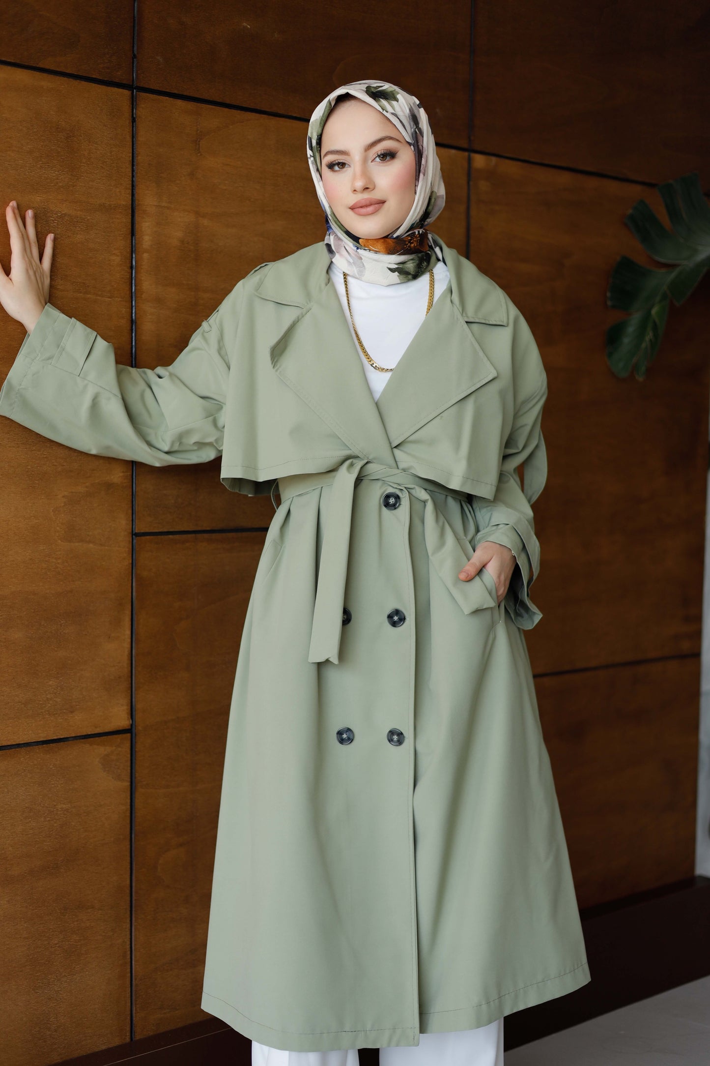 Önü Düğmeli Premium Oversize Trençkot - Çağla Yeşili