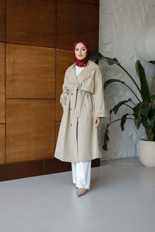 Önü Düğmeli Premium Oversize Trençkot - Krem