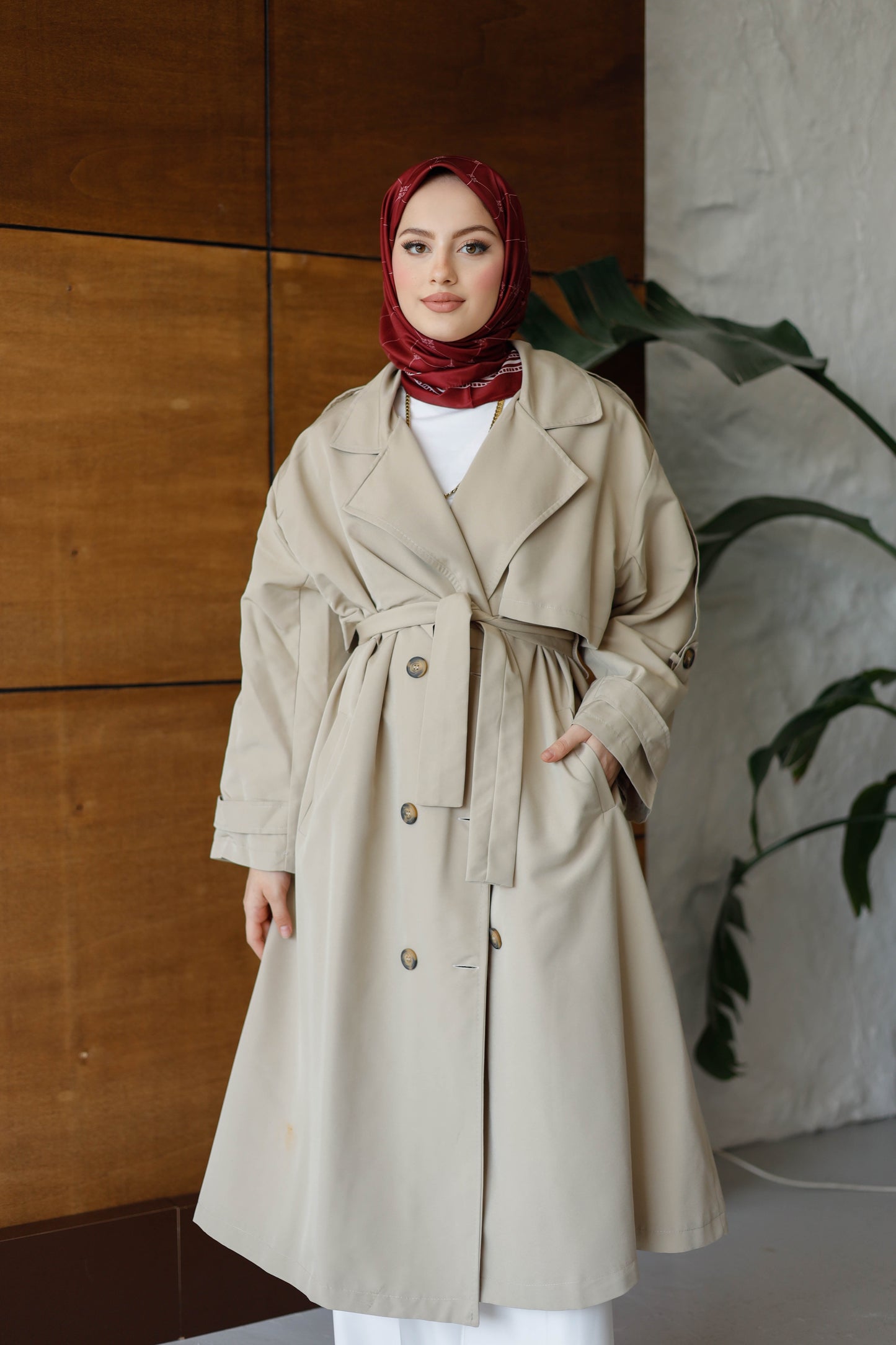 Önü Düğmeli Premium Oversize Trençkot - Krem
