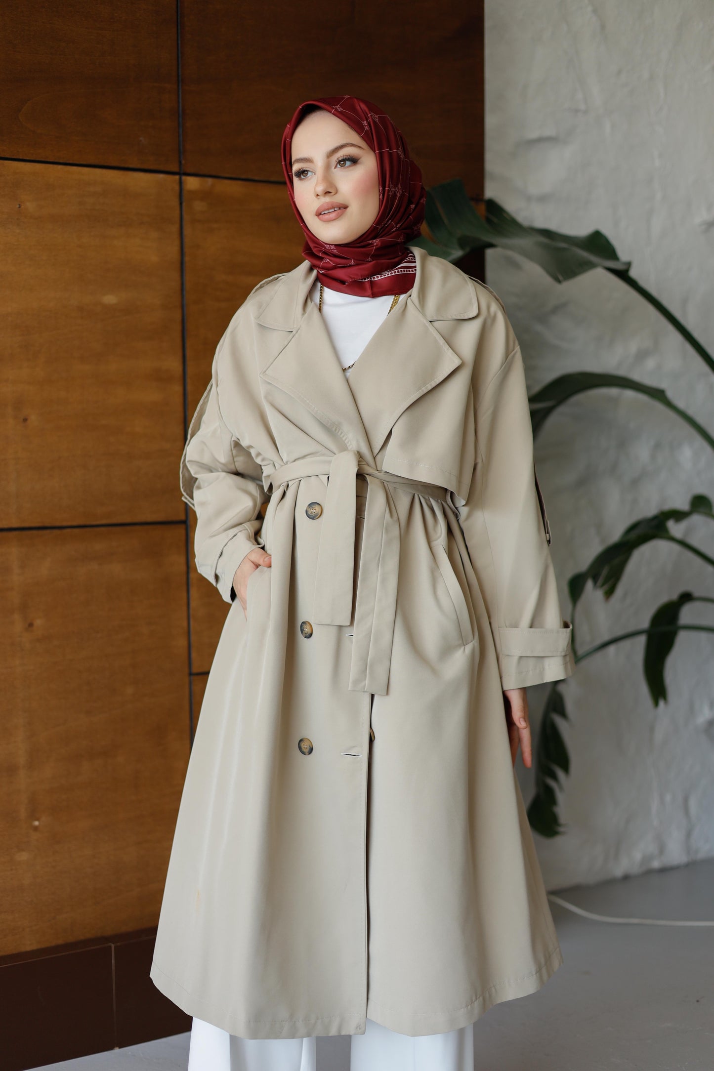 Önü Düğmeli Premium Oversize Trençkot - Krem