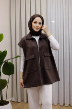 Fermuarlı Ve Çift Cepli Yelek - Kahverengi