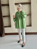 Yakası Bağlamalı Balon Kol Tesettür Gömlek - Yeşil