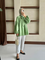 Yakası Bağlamalı Balon Kol Tesettür Gömlek - Yeşil