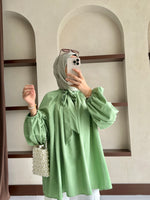 Yakası Bağlamalı Balon Kol Tesettür Gömlek - Yeşil