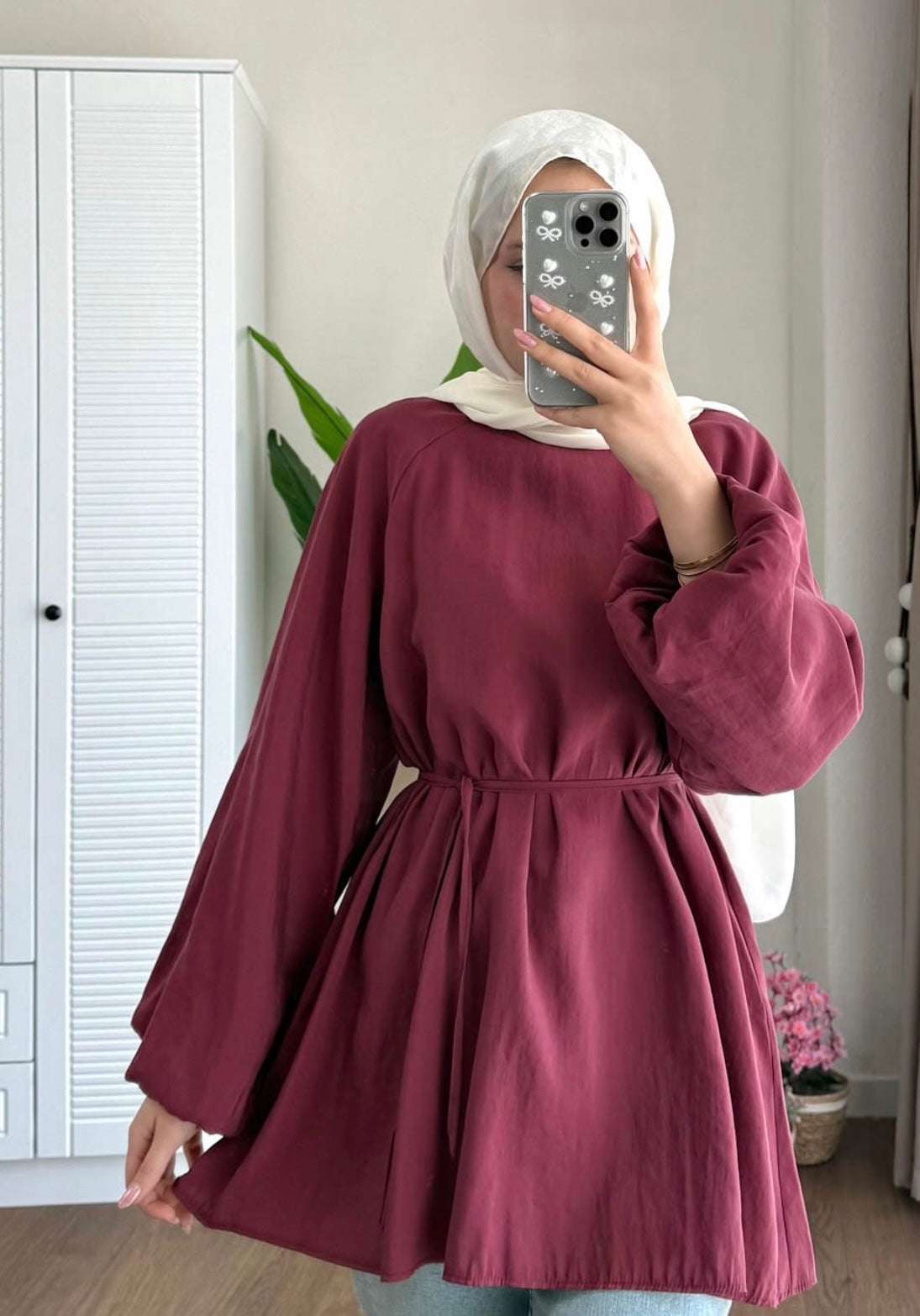 Balon Kol Bel Bağlamalı Tesettür Gömlek - Bordo
