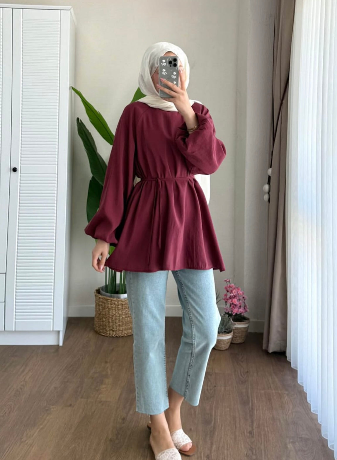 Balon Kol Bel Bağlamalı Tesettür Gömlek - Bordo