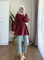 Balon Kol Bel Bağlamalı Tesettür Gömlek - Bordo